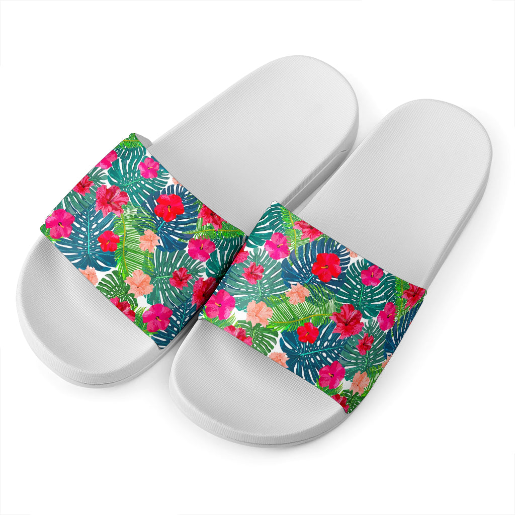 Colorful Hawaii Floral Pattern Print White Slide Sandals