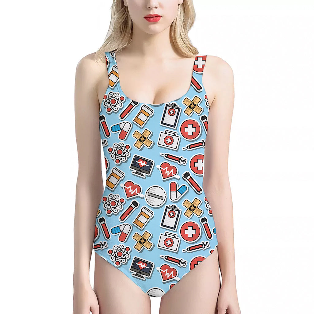 Colorful Medical Pattern Print One Piece Halter Neck Swimsuit