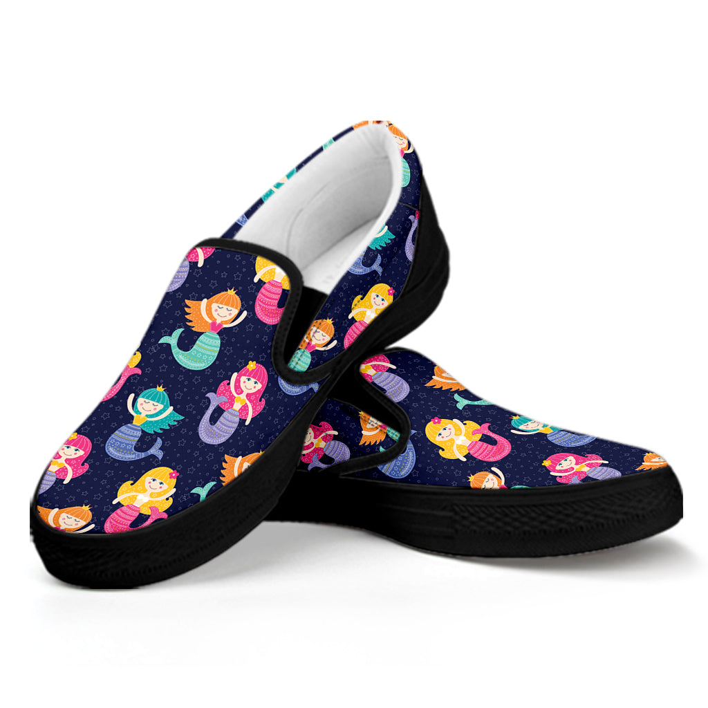 Colorful Mermaid Pattern Print Black Slip On Shoes