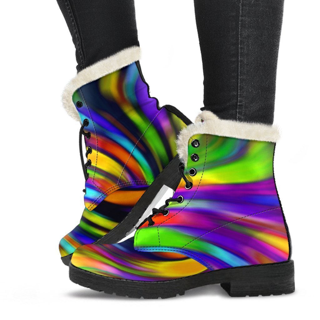 Colorful Spiral Trippy Print Faux Fur Leather Boots