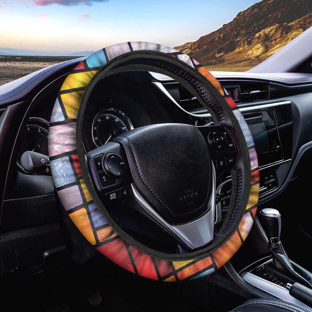 Colorful Stained Glass Mosaic Print Car Steering Wheel Cover