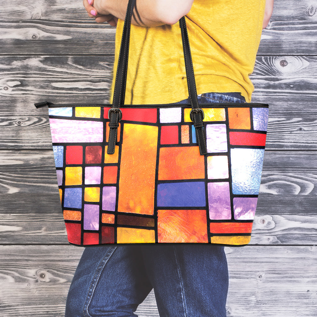 Colorful Stained Glass Mosaic Print Leather Tote Bag