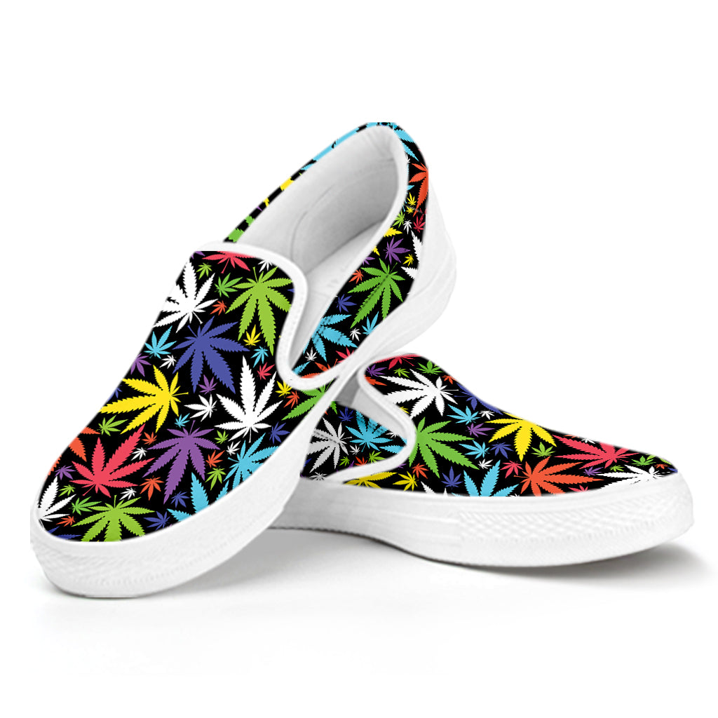 Colorful Weed Leaf Pattern Print White Slip On Shoes