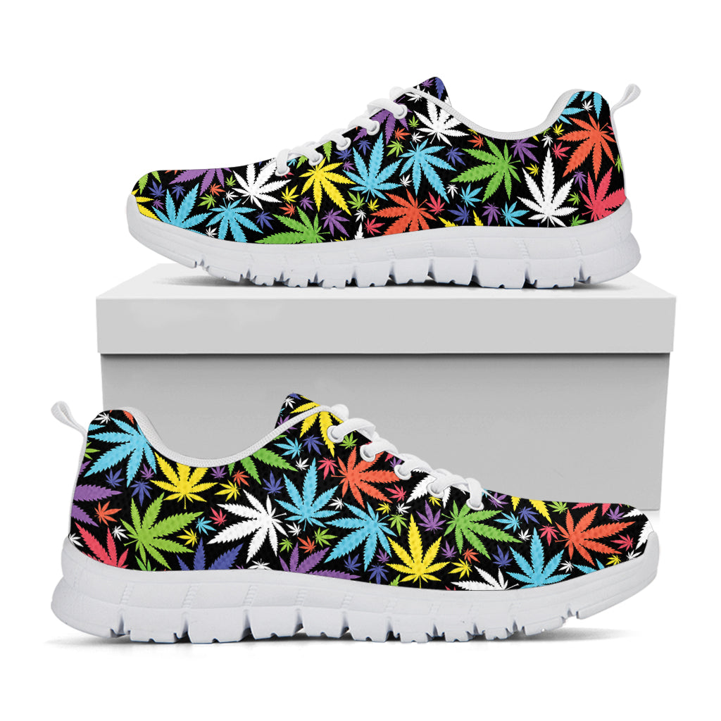 Colorful Weed Leaf Pattern Print White Sneakers