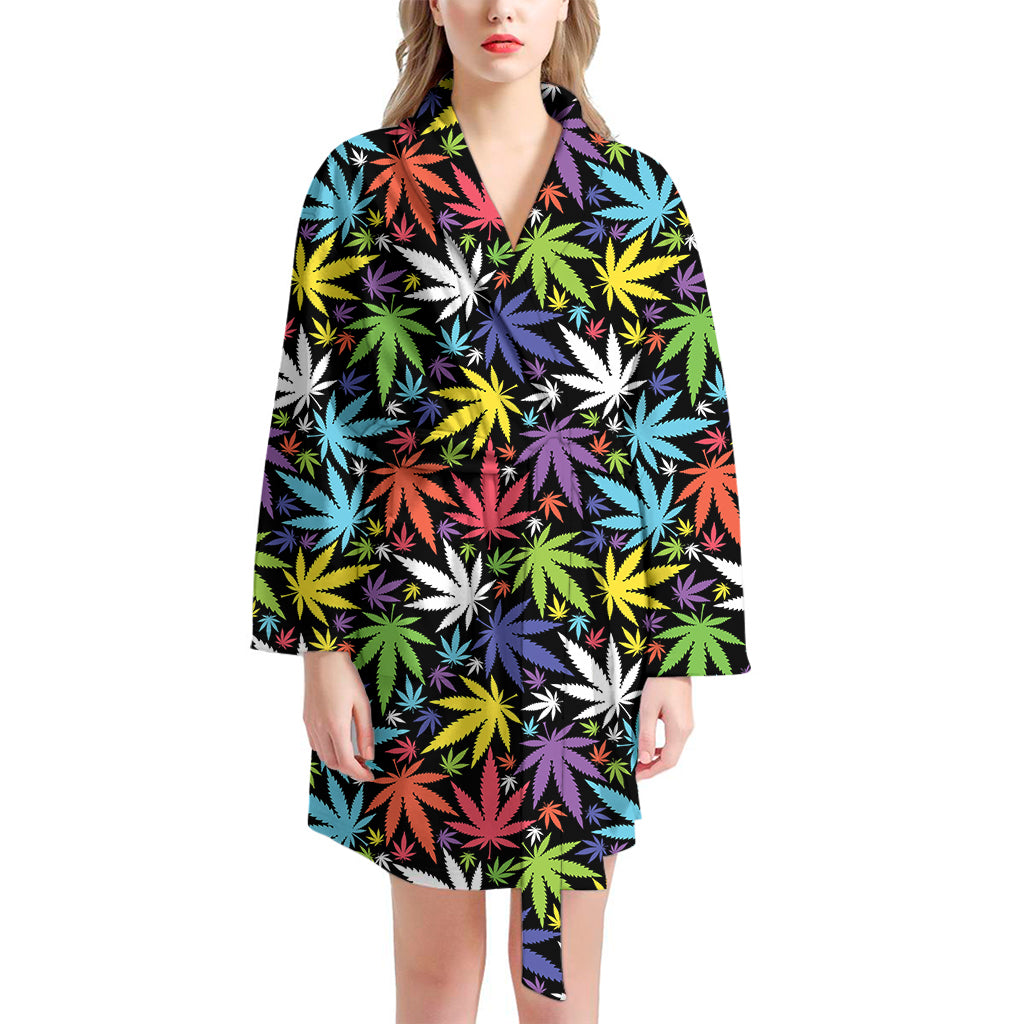 Colorful Weed Leaf Pattern Print Women's Bathrobe