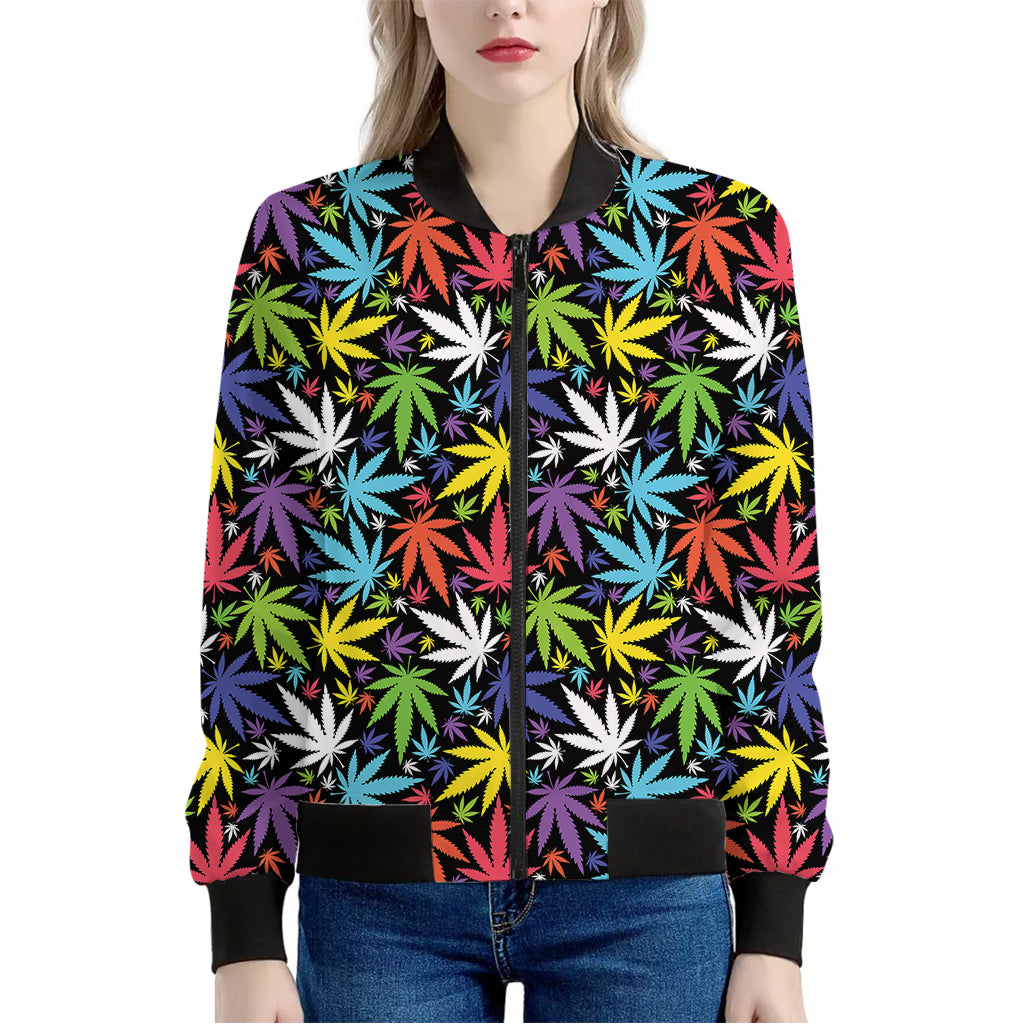 Colorful Weed Leaf Pattern Print Women's Bomber Jacket