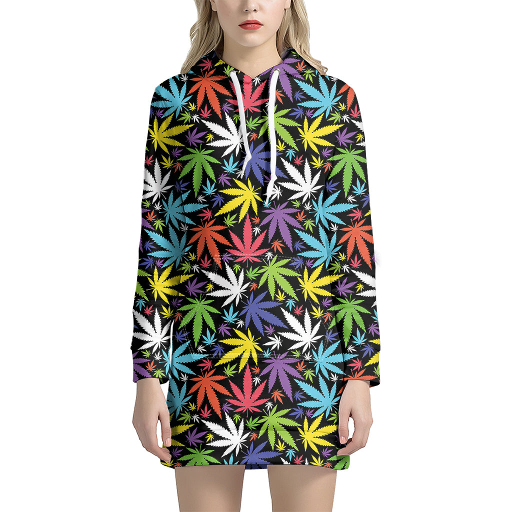 Colorful Weed Leaf Pattern Print Women's Pullover Hoodie Dress