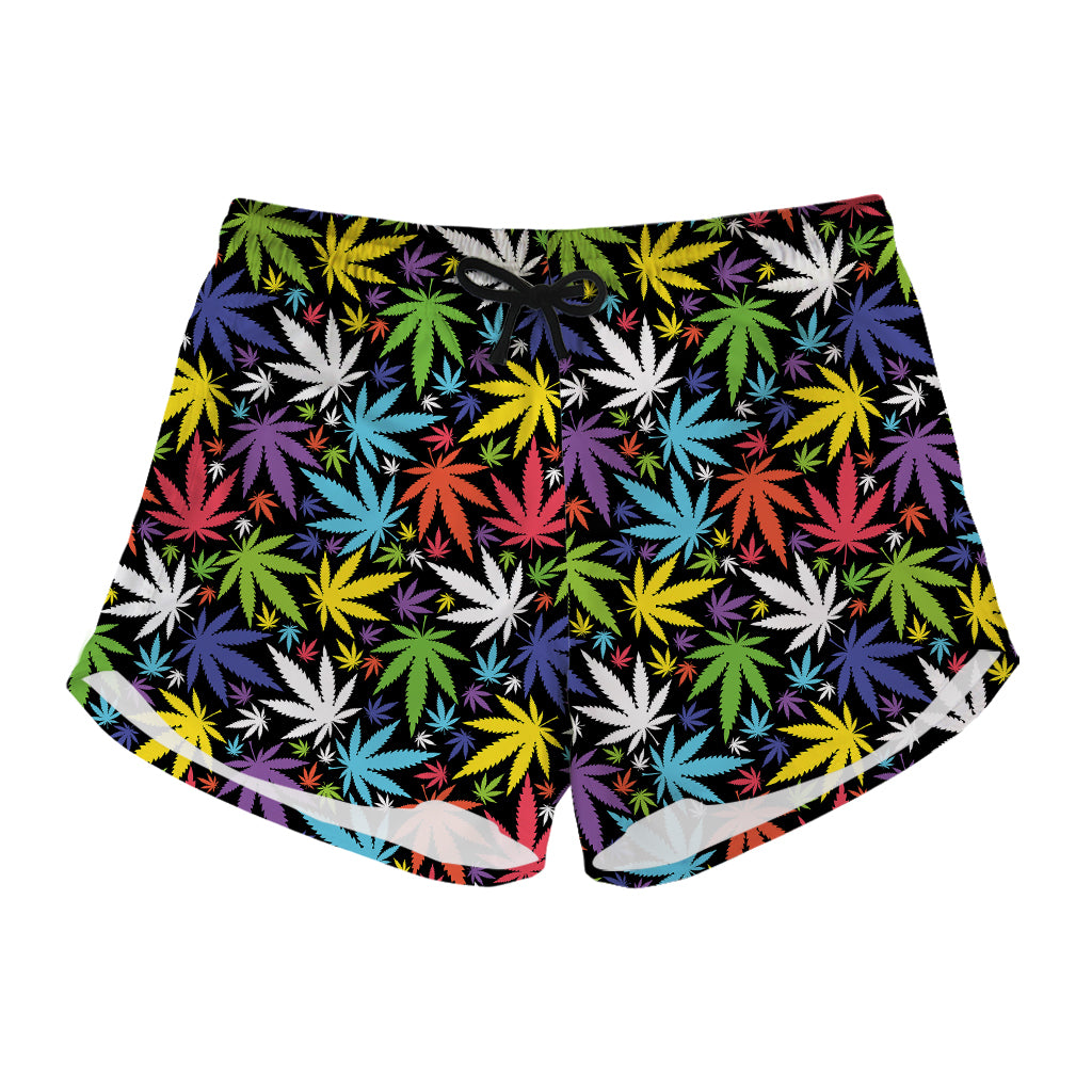 Colorful Weed Leaf Pattern Print Women's Shorts