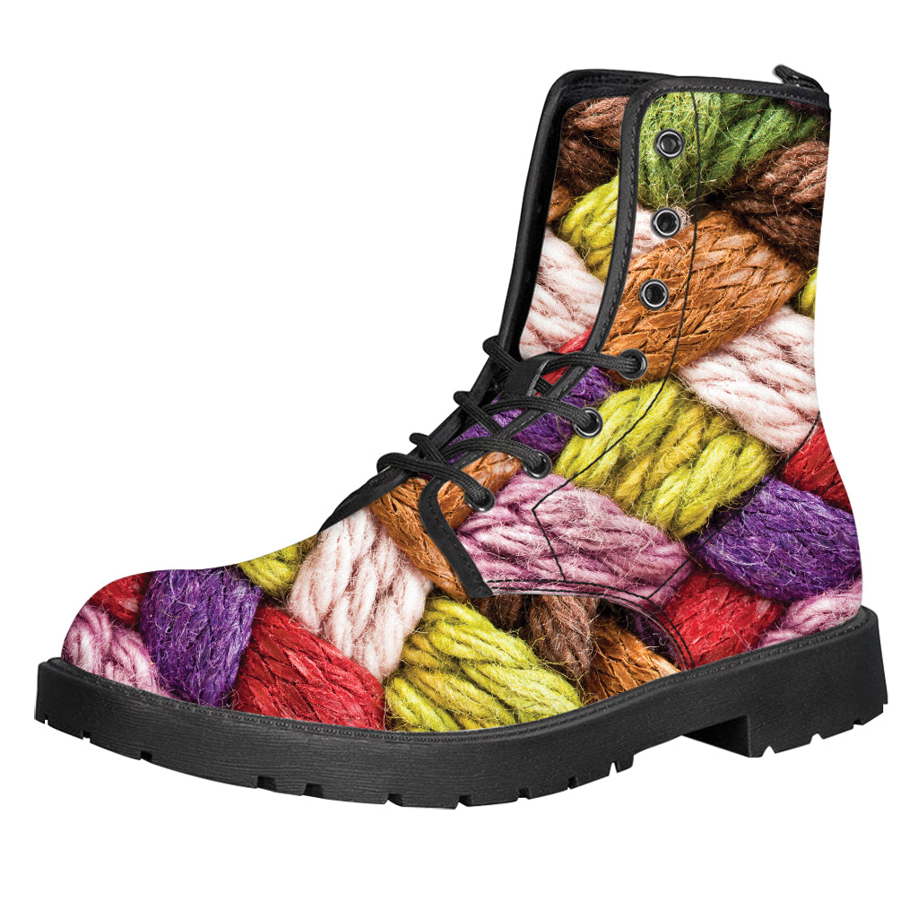 Colorful Wool Yarns Print Leather Boots