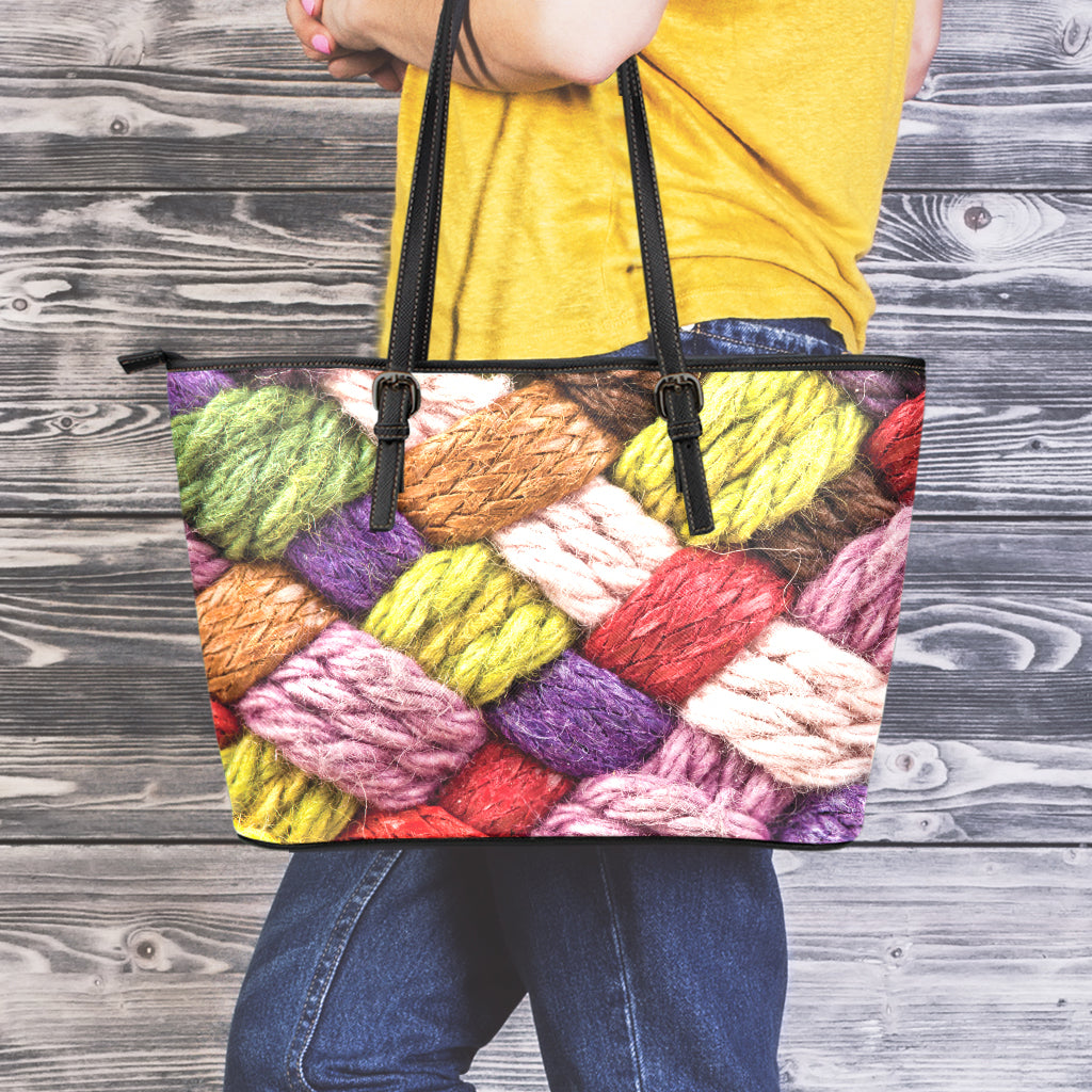 Colorful Wool Yarns Print Leather Tote Bag