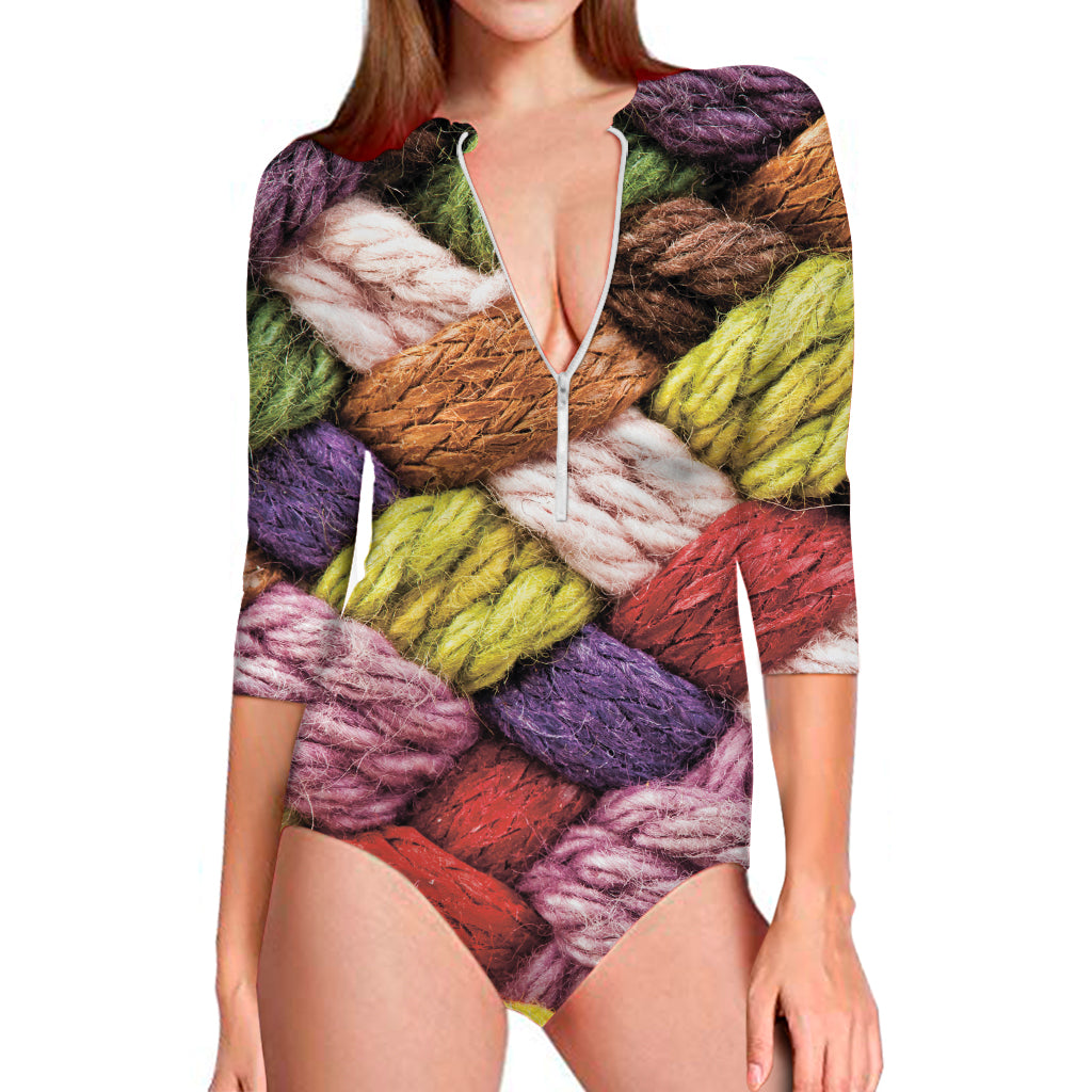 Colorful Wool Yarns Print Long Sleeve One Piece Swimsuit
