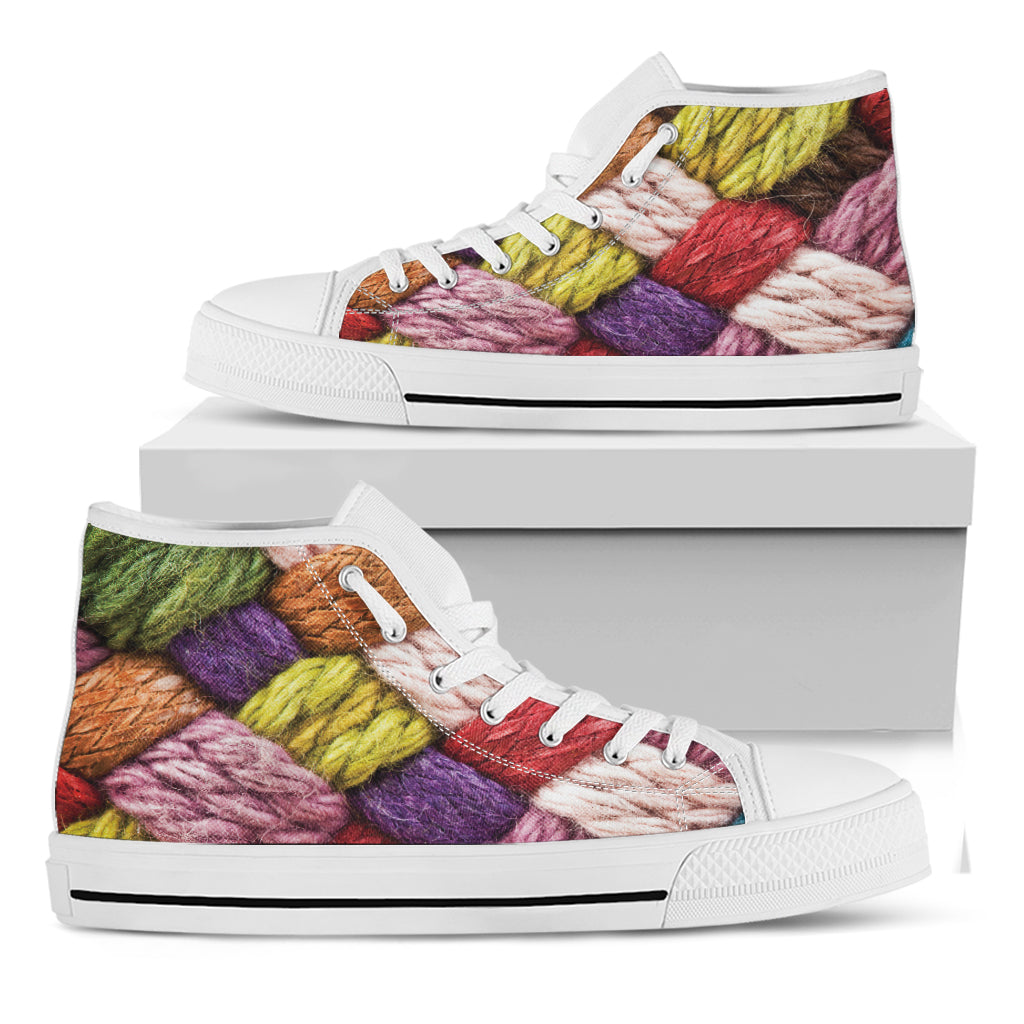Colorful Wool Yarns Print White High Top Shoes