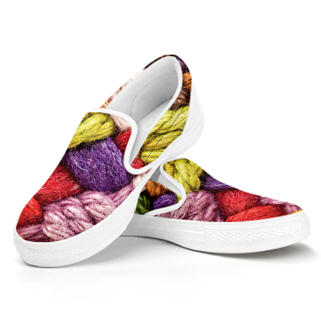 Colorful Wool Yarns Print White Slip On Shoes