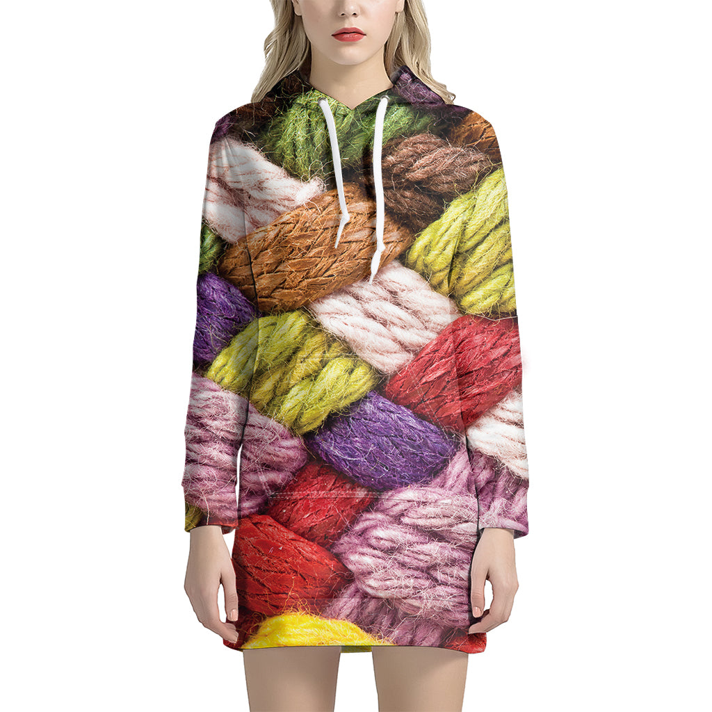 Colorful Wool Yarns Print Women's Pullover Hoodie Dress
