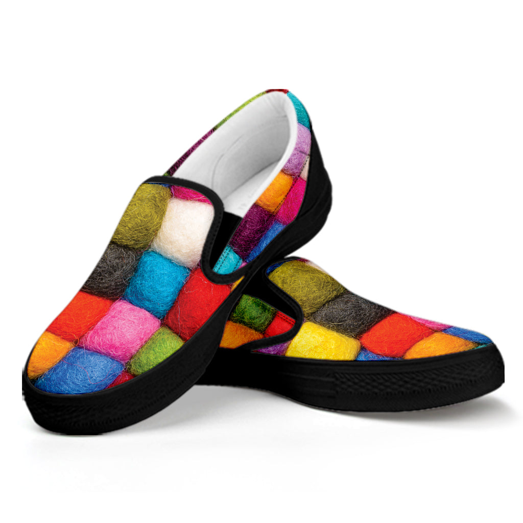 Colorful Yarn Balls Print Black Slip On Shoes