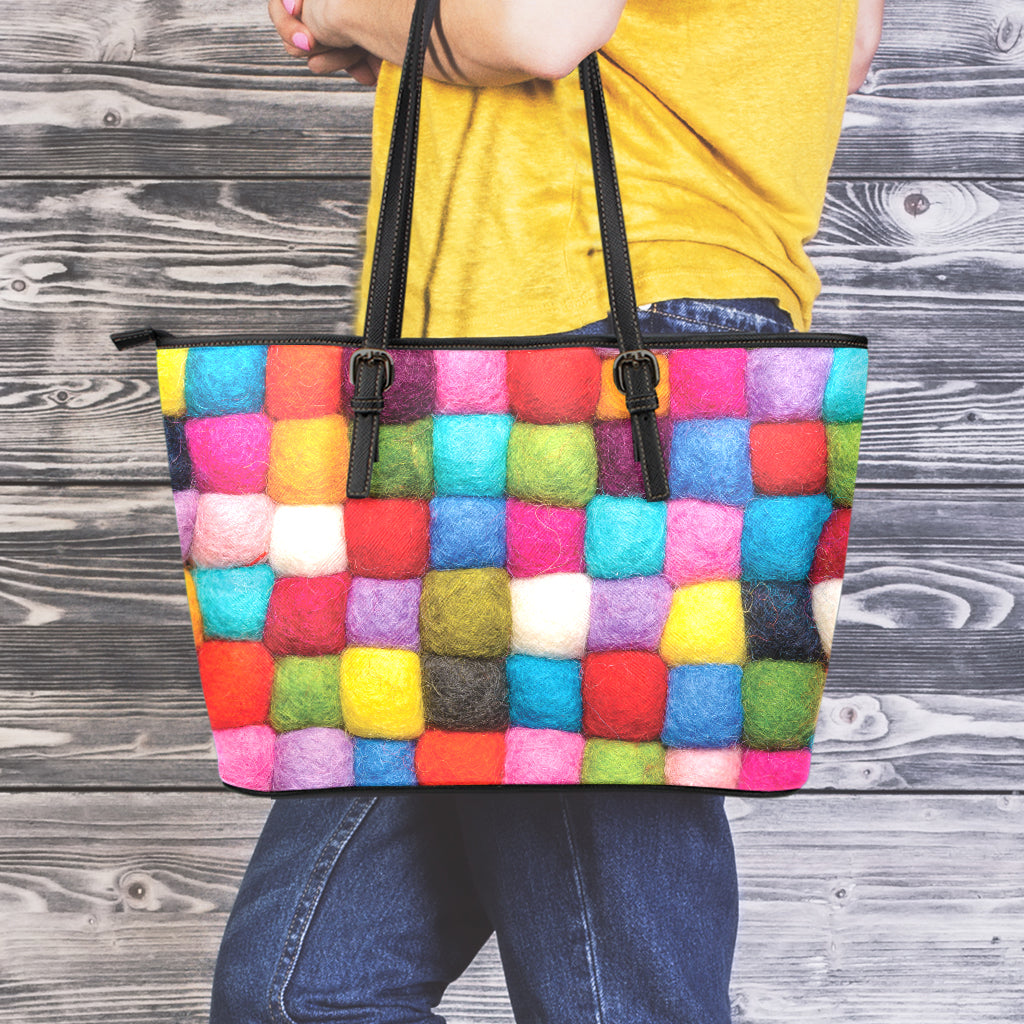 Colorful Yarn Balls Print Leather Tote Bag