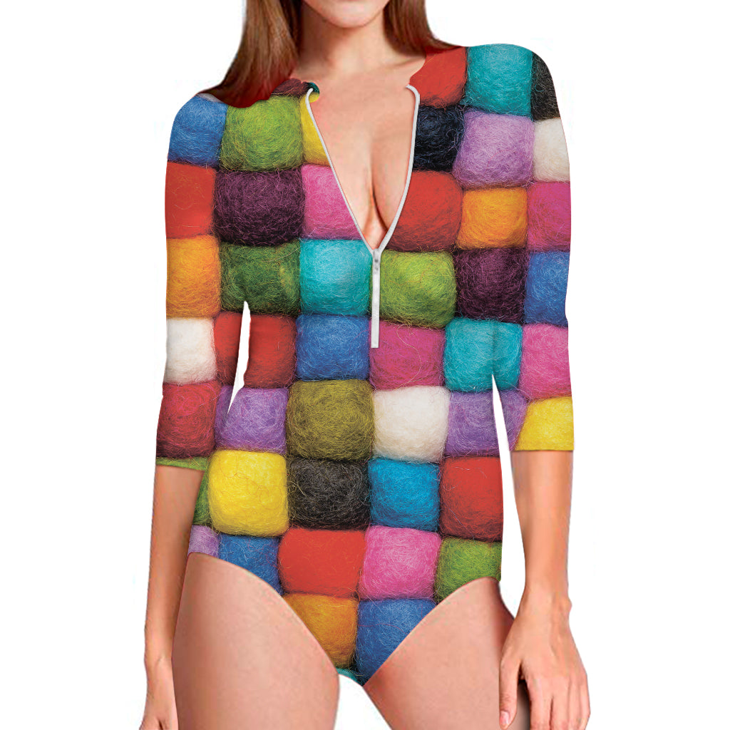 Colorful Yarn Balls Print Long Sleeve One Piece Swimsuit