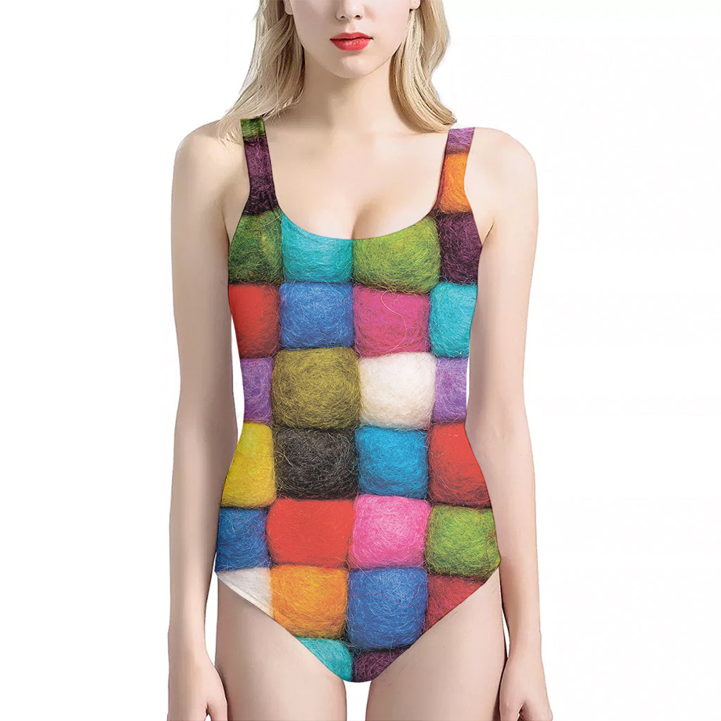 Colorful Yarn Balls Print One Piece Halter Neck Swimsuit