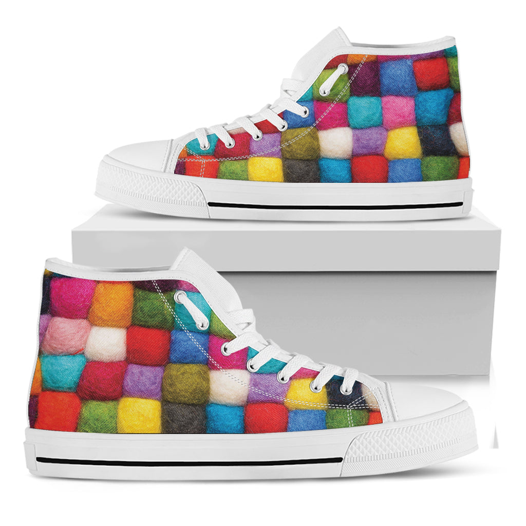 Colorful Yarn Balls Print White High Top Shoes