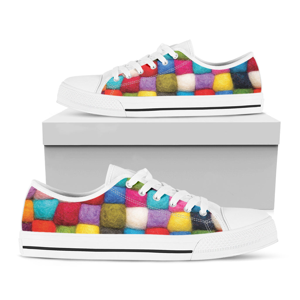 Colorful Yarn Balls Print White Low Top Shoes