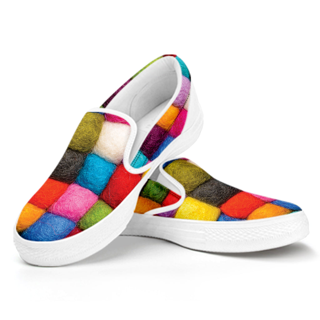 Colorful Yarn Balls Print White Slip On Shoes