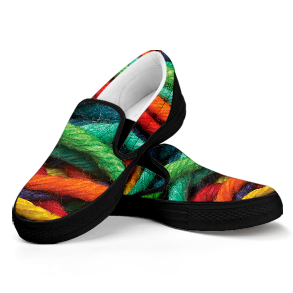 Colorful Yarn Print Black Slip On Shoes