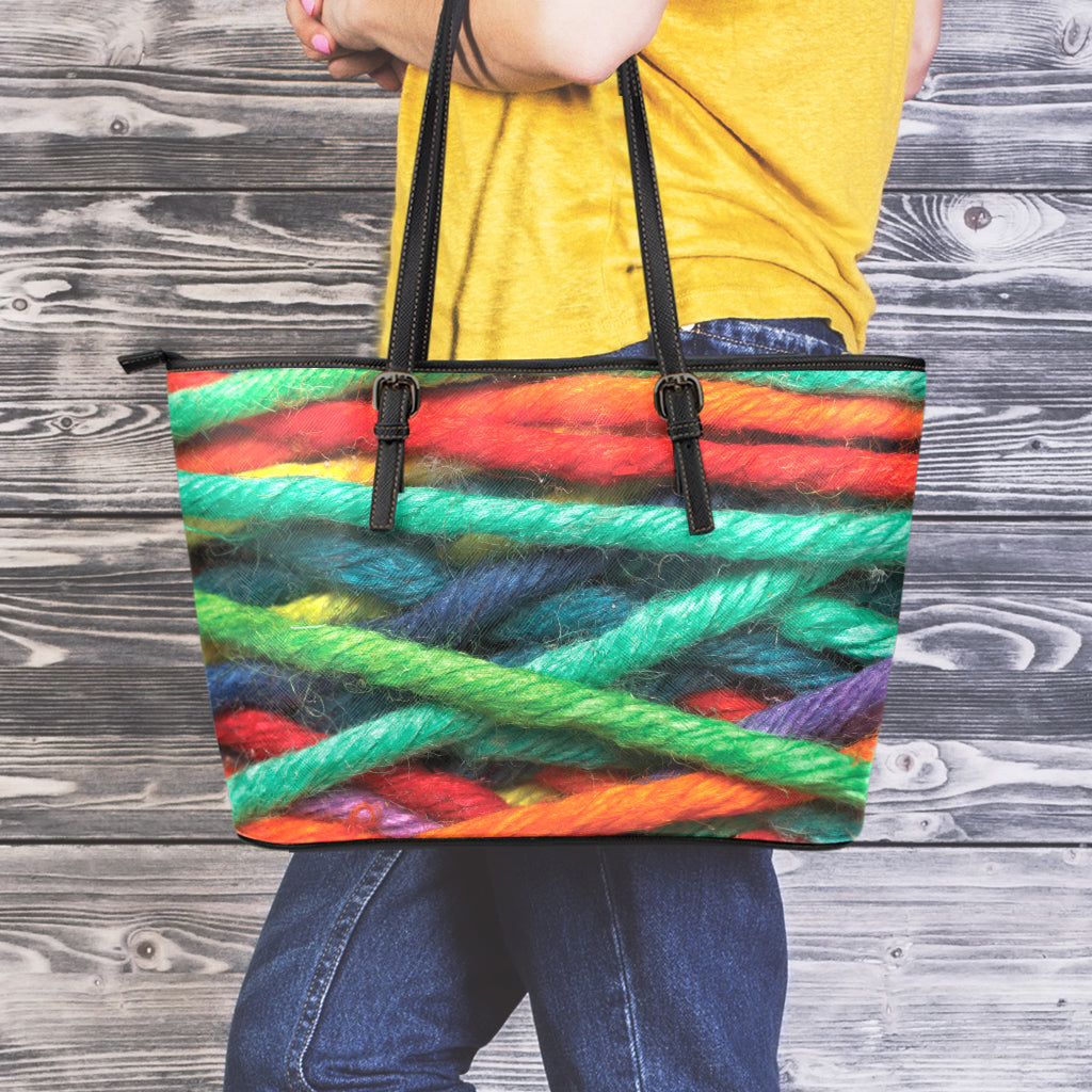 Colorful Yarn Print Leather Tote Bag