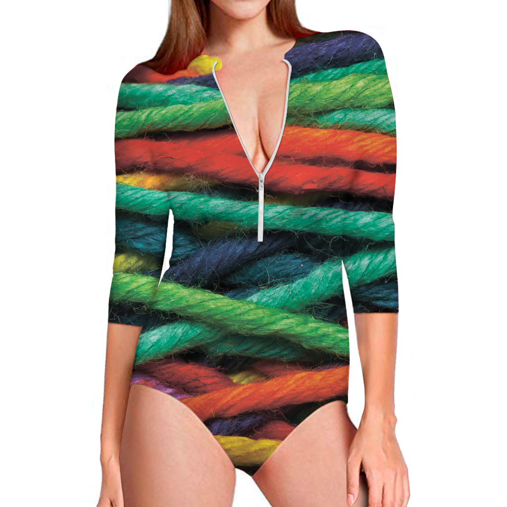 Colorful Yarn Print Long Sleeve One Piece Swimsuit