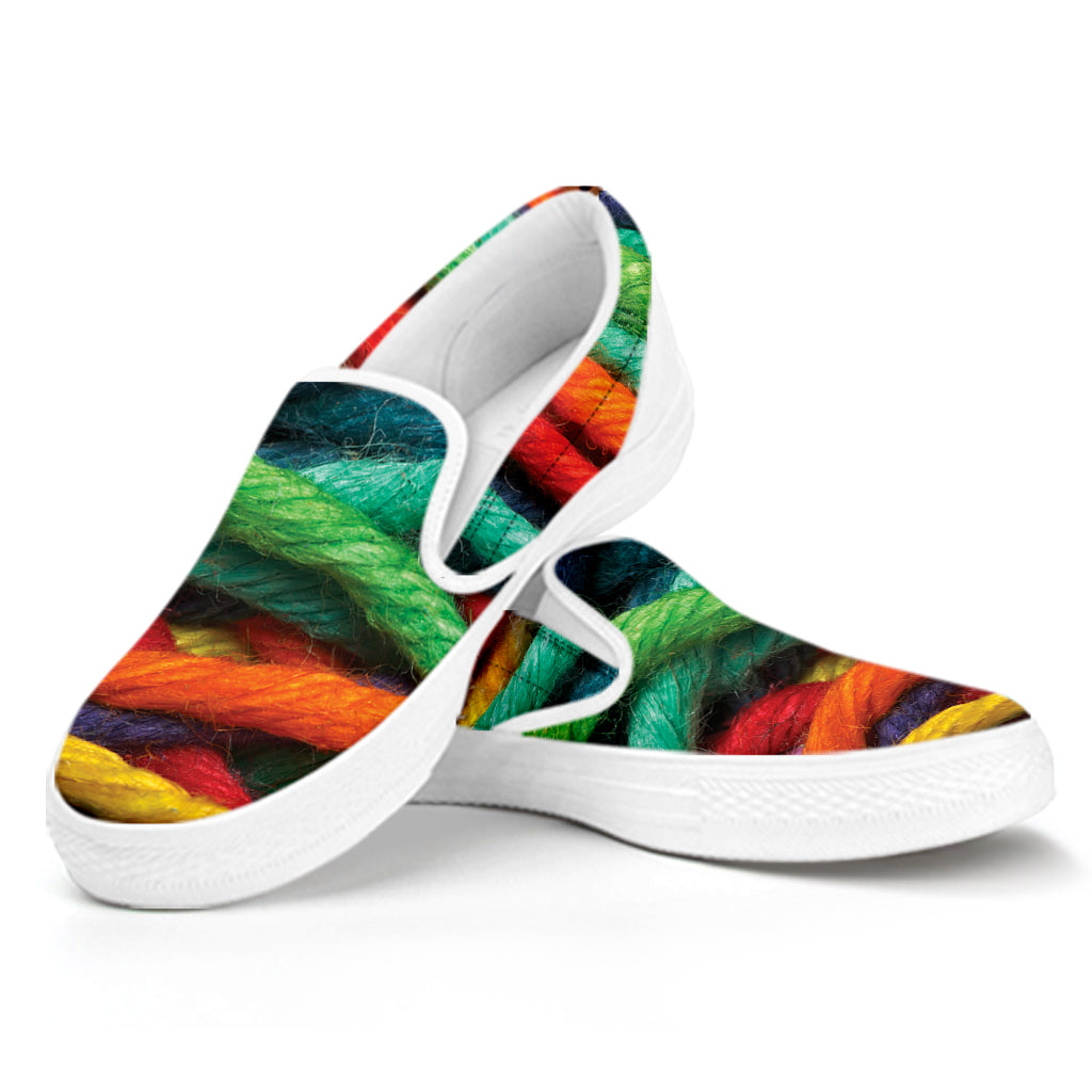 Colorful Yarn Print White Slip On Shoes