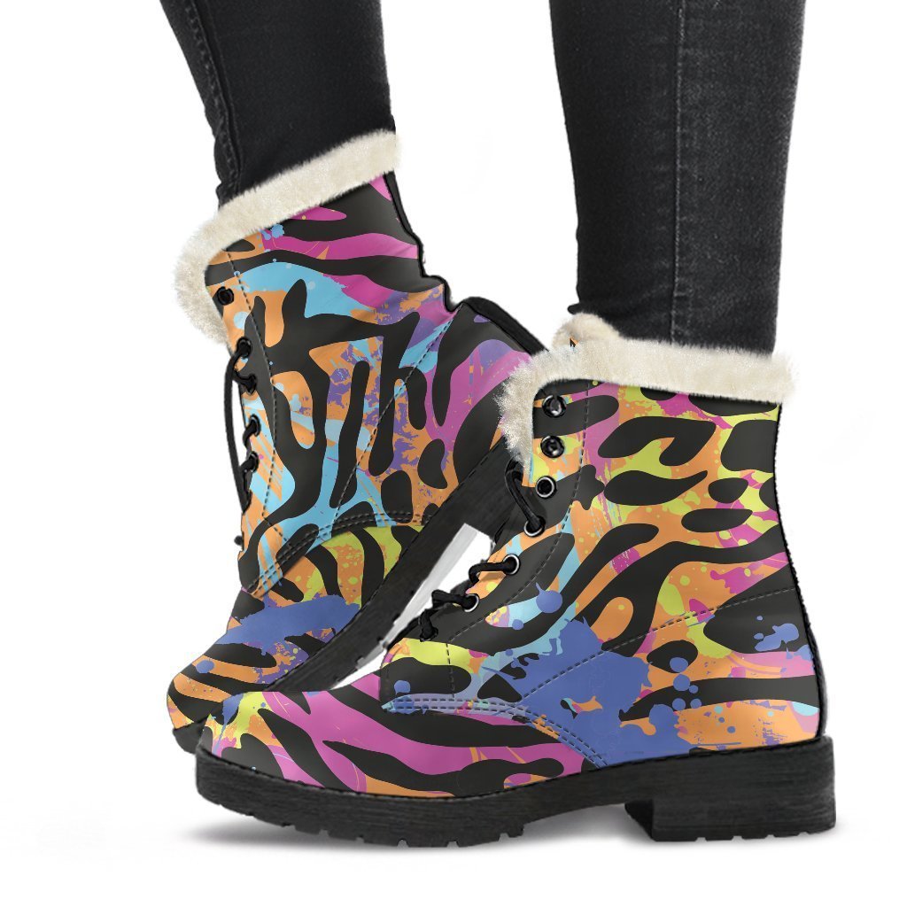 Colorful Zebra Leopard Pattern Print Faux Fur Leather Boots