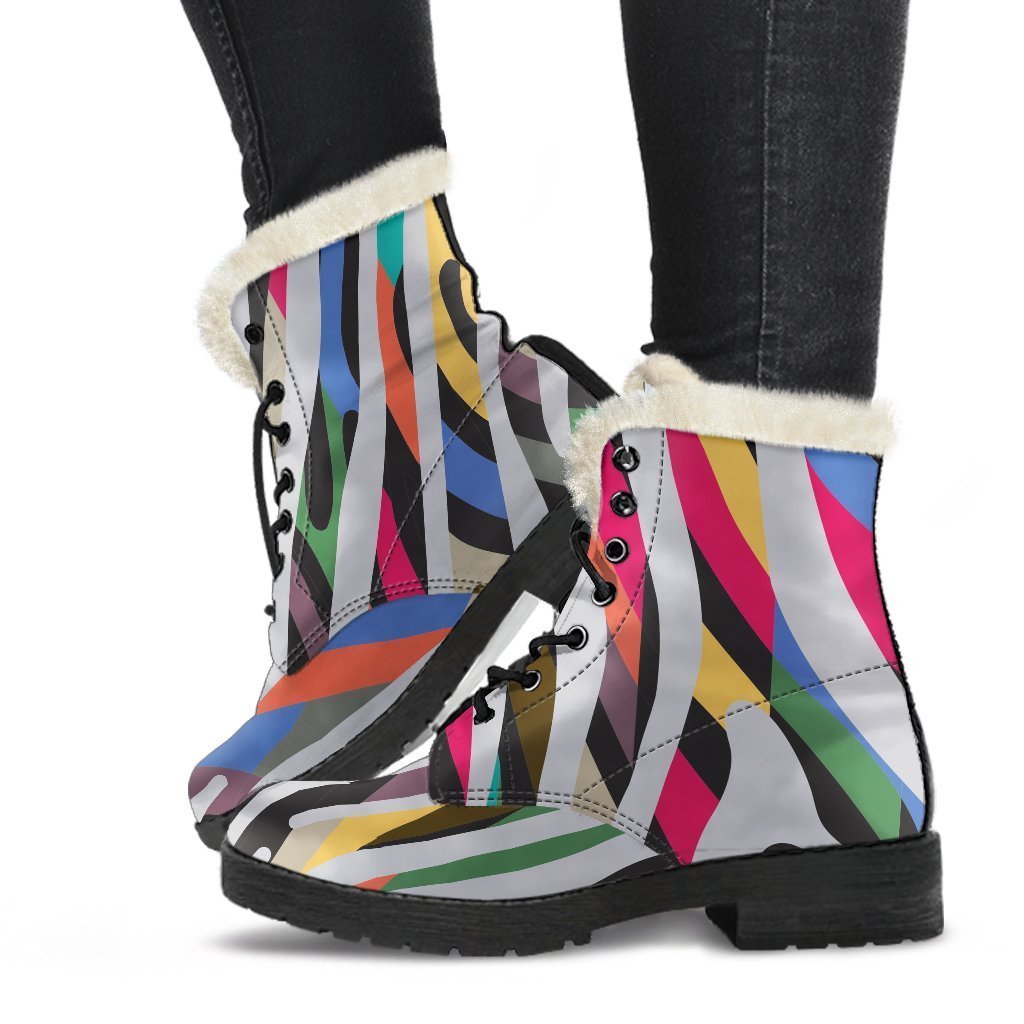 Colorful Zebra Pattern Print Faux Fur Leather Boots