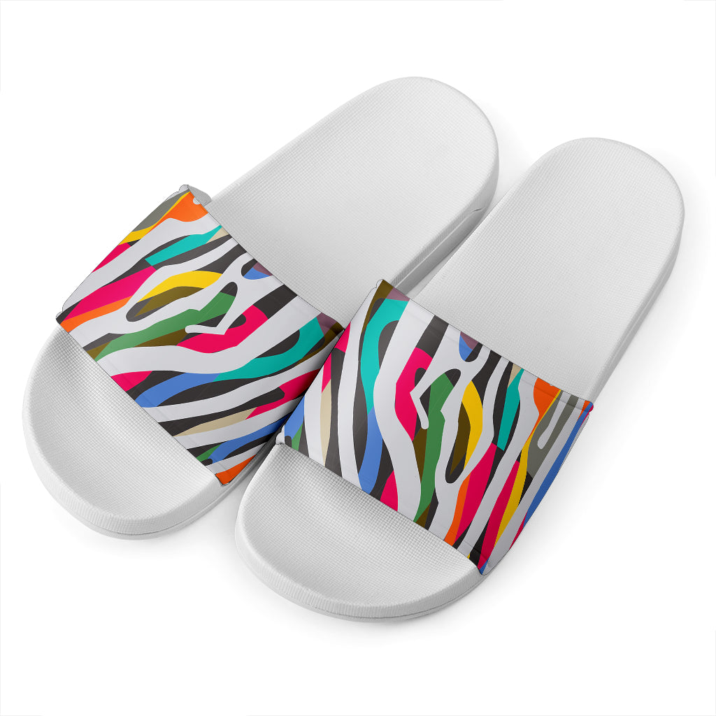 Colorful Zebra Pattern Print White Slide Sandals