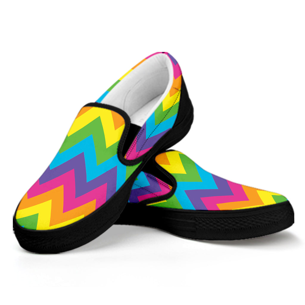 Colorful Zigzag Pattern Print Black Slip On Shoes