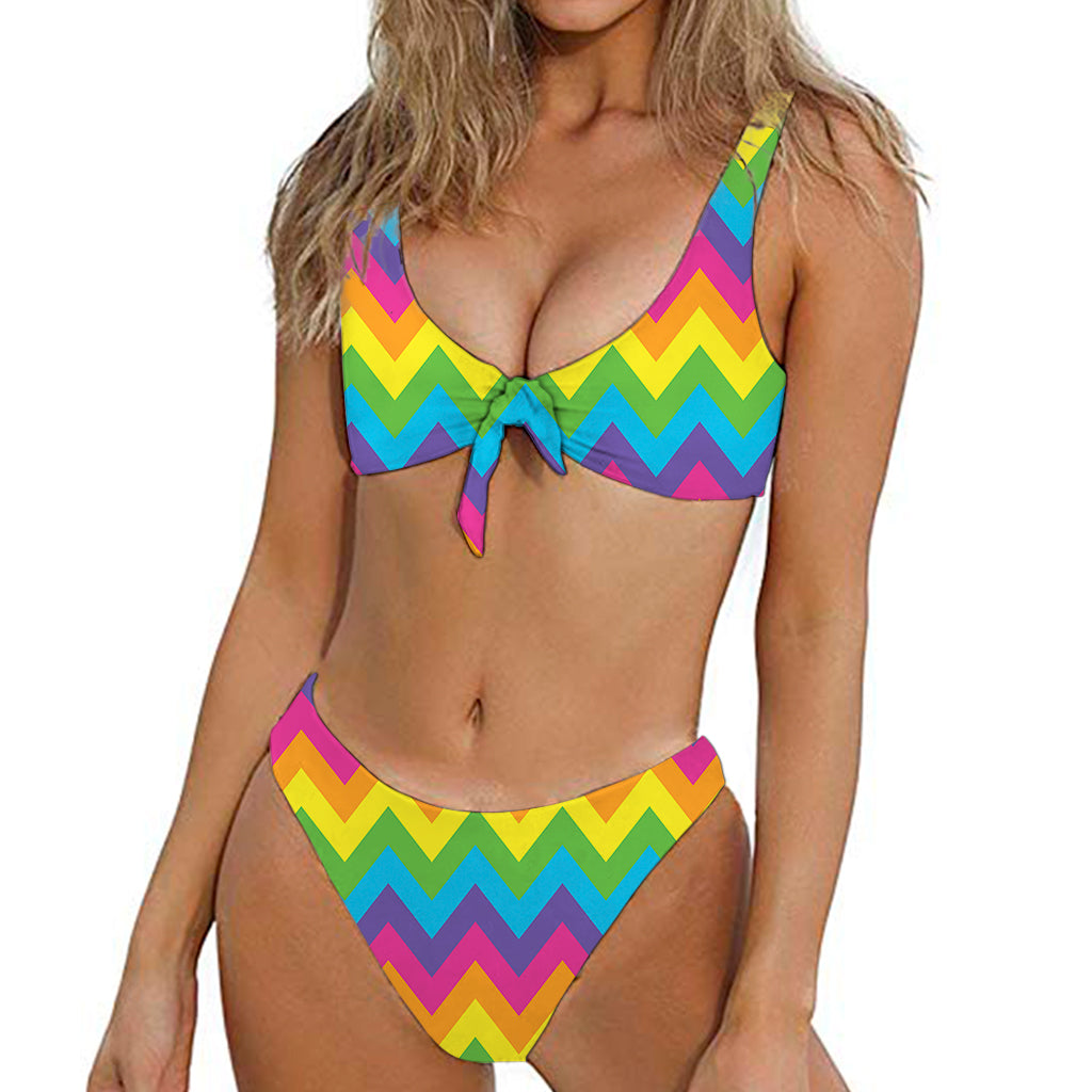 Colorful Zigzag Pattern Print Front Bow Tie Bikini