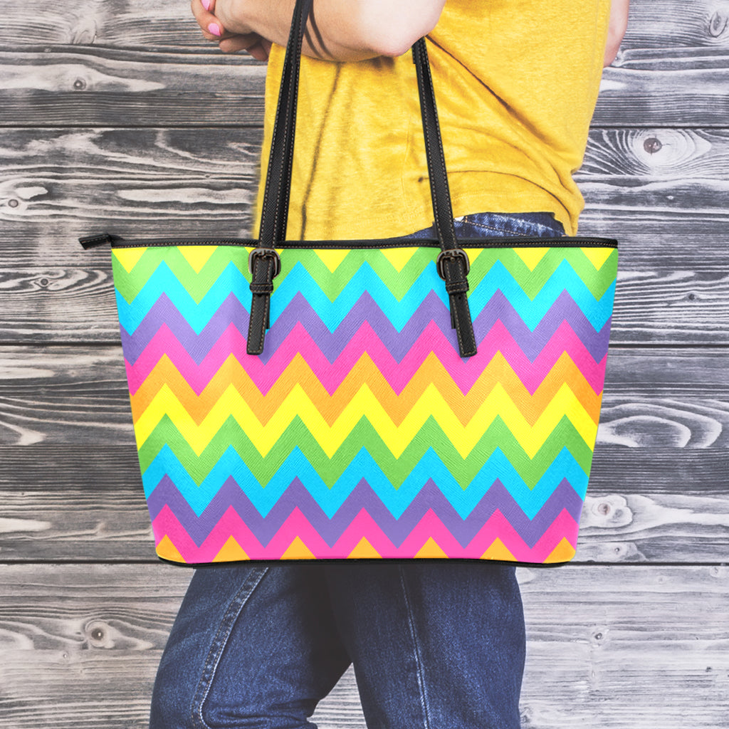 Colorful Zigzag Pattern Print Leather Tote Bag