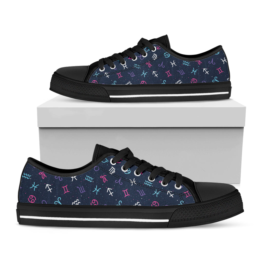 Colorful Zodiac Symbols Pattern Print Black Low Top Shoes