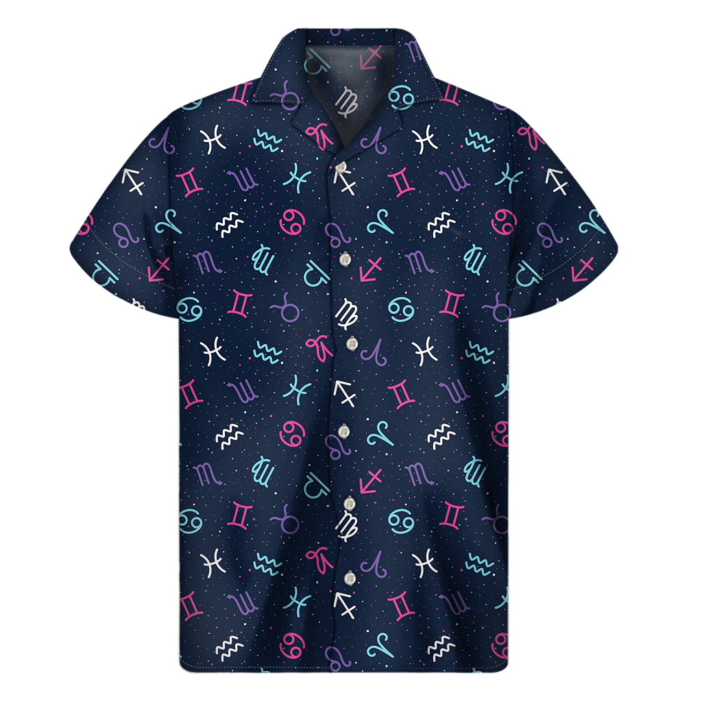 Colorful Zodiac Symbols Pattern Print Men's Short Sleeve Shirt