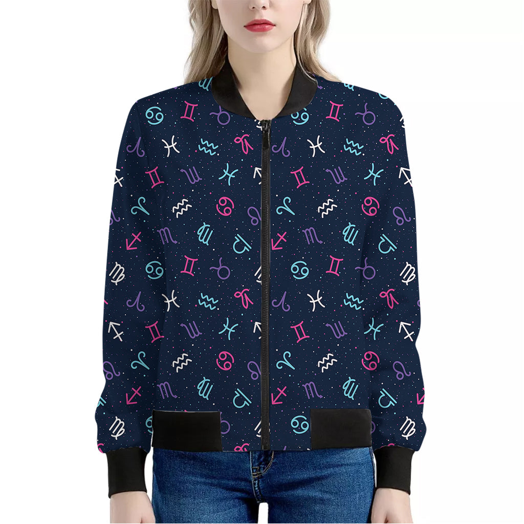 Colorful Zodiac Symbols Pattern Print Women's Bomber Jacket