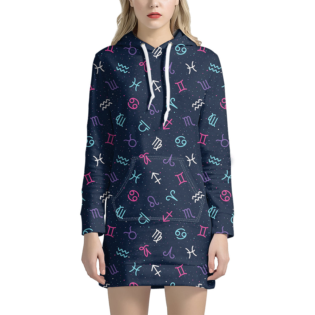 Colorful Zodiac Symbols Pattern Print Women's Pullover Hoodie Dress