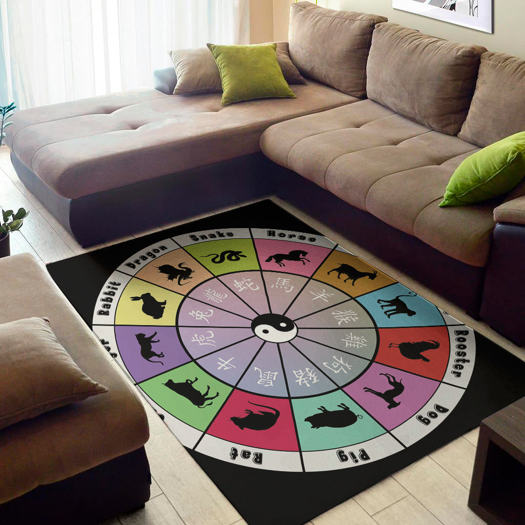 Colourful Chinese Zodiac Wheel Print Area Rug