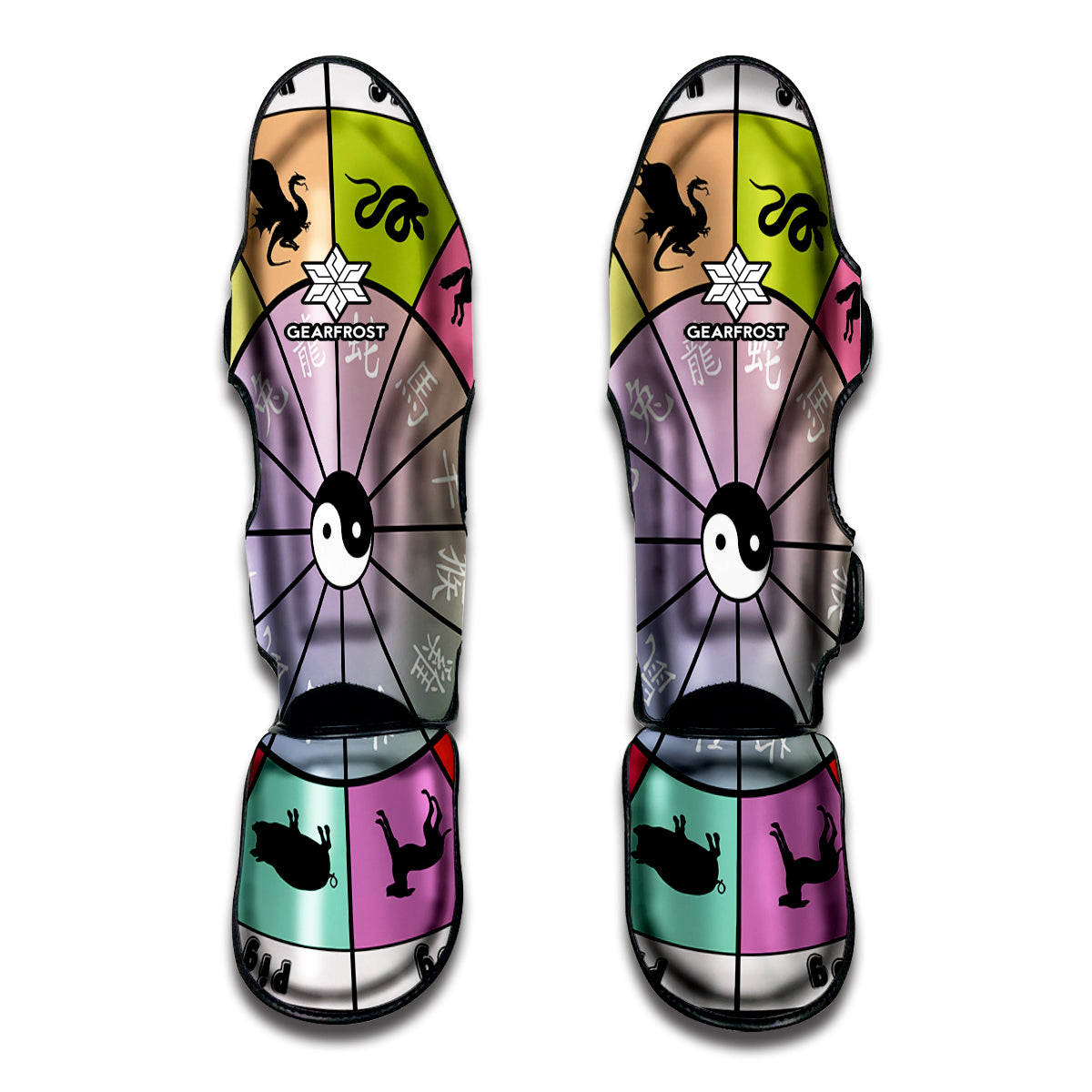 Colourful Chinese Zodiac Wheel Print Muay Thai Shin Guards