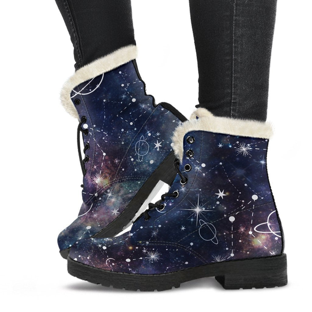 Constellation Galaxy Space Print Faux Fur Leather Boots