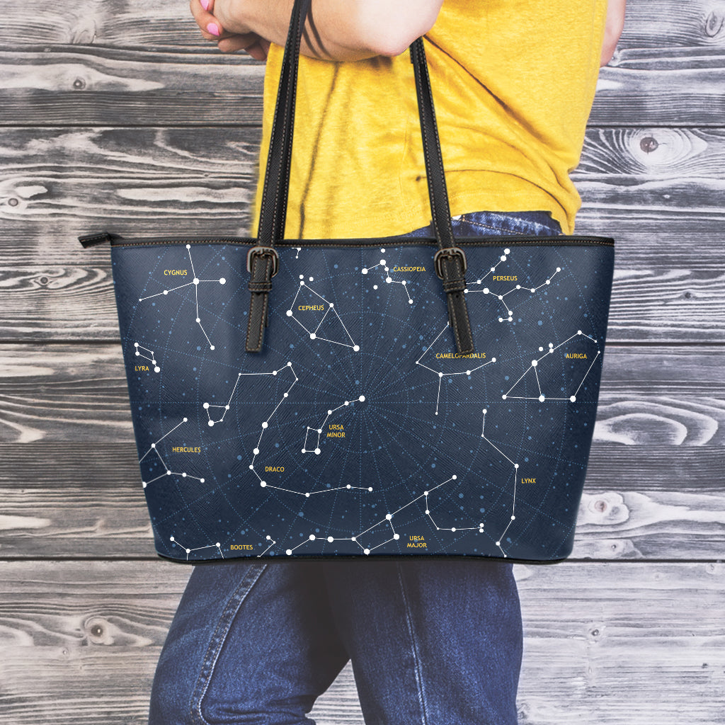 Constellation Sky Map Print Leather Tote Bag