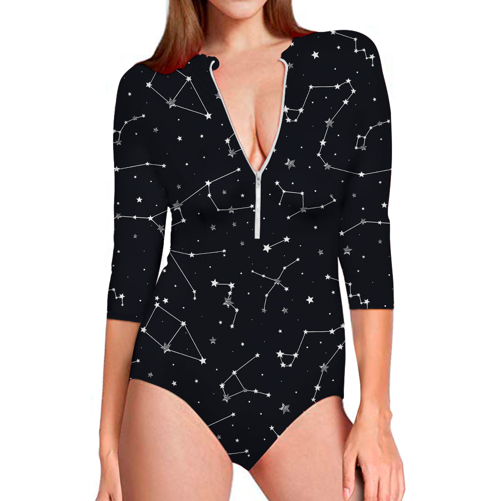 Constellation Stars Pattern Print Long Sleeve One Piece Swimsuit