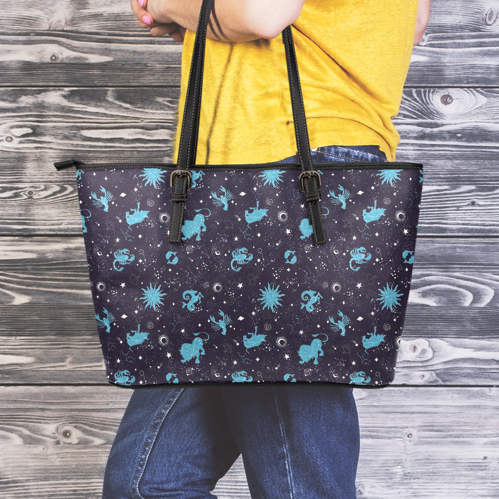 Constellation Zodiac Signs Pattern Print Leather Tote Bag