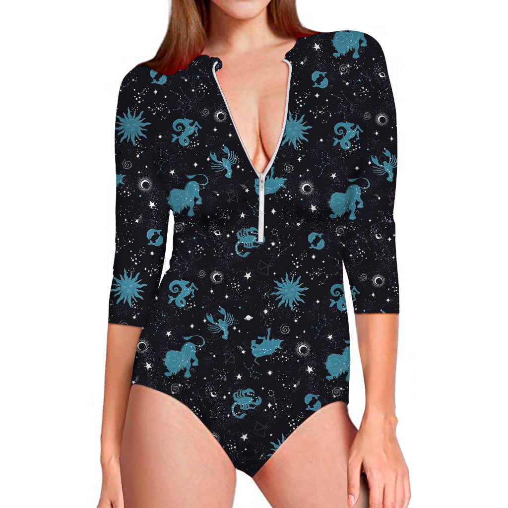 Constellation Zodiac Signs Pattern Print Long Sleeve One Piece Swimsuit