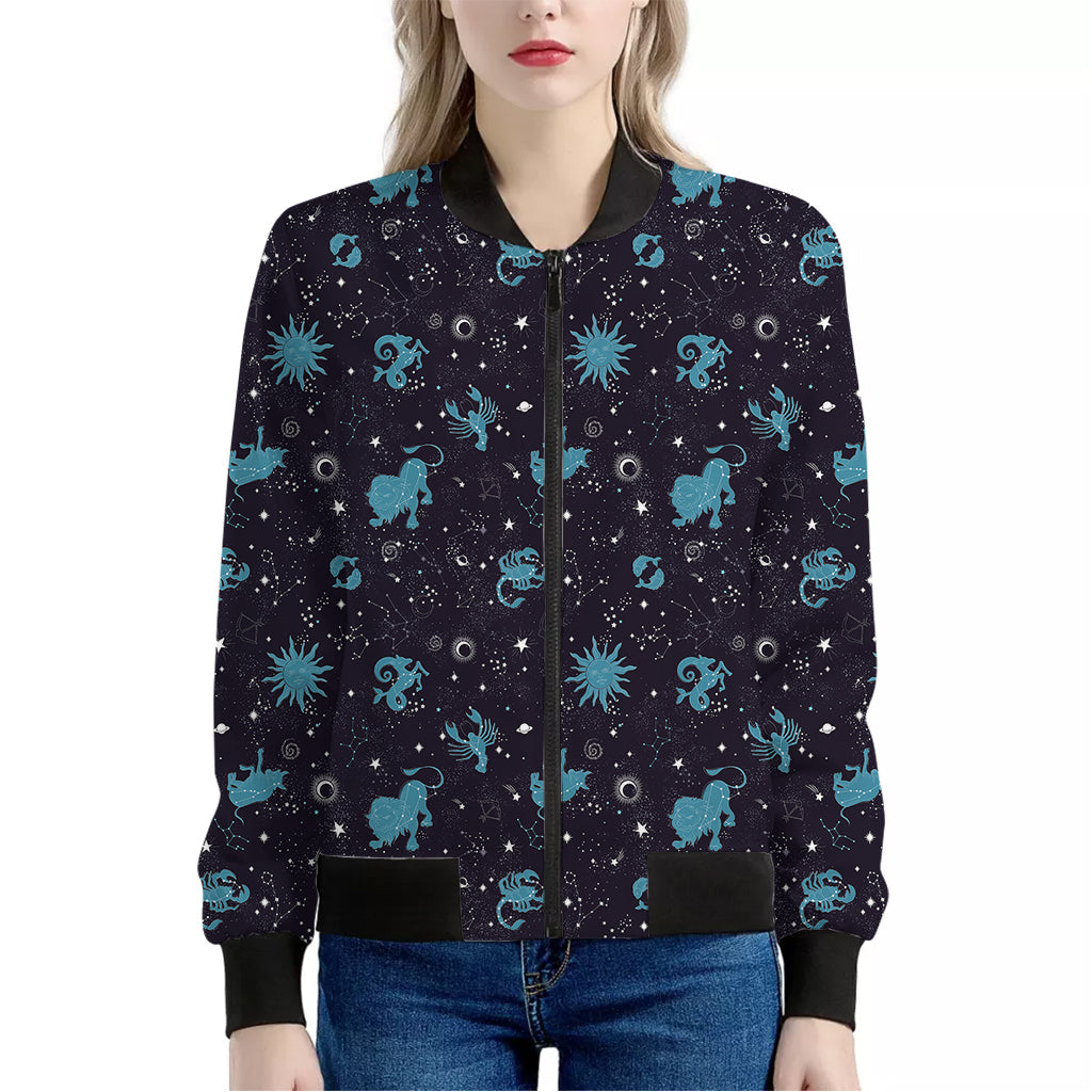 Constellation Zodiac Signs Pattern Print Women's Bomber Jacket