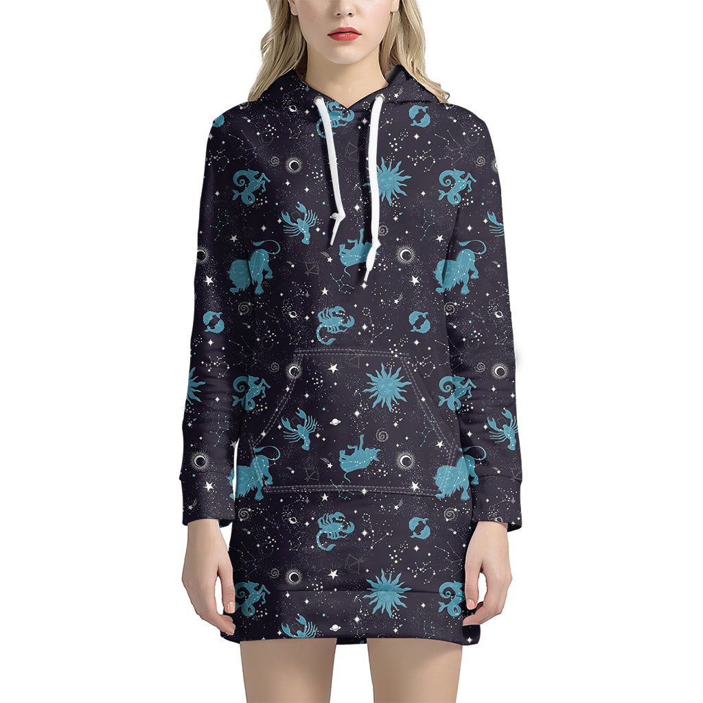 Constellation Zodiac Signs Pattern Print Women's Pullover Hoodie Dress