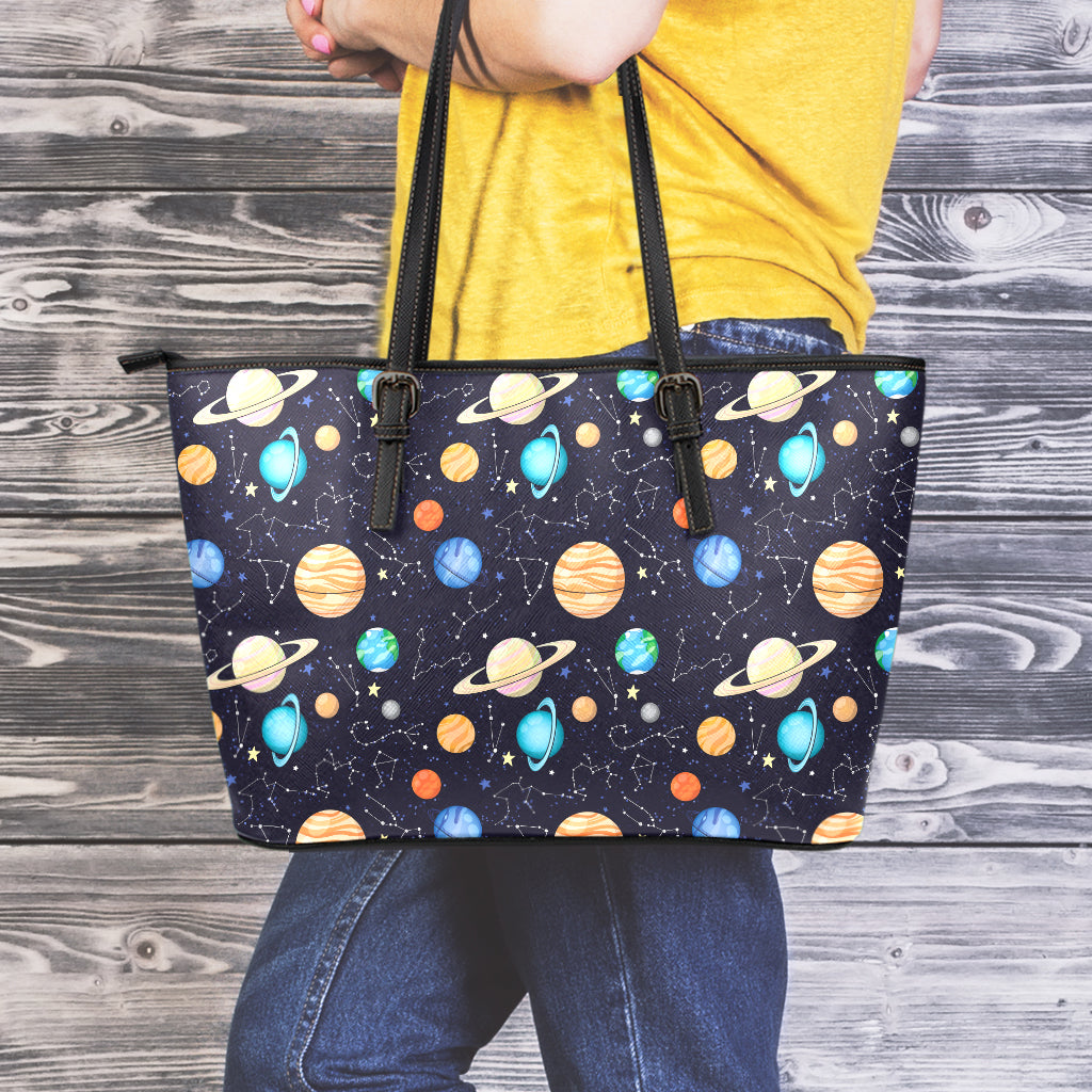 Constellations And Planets Pattern Print Leather Tote Bag