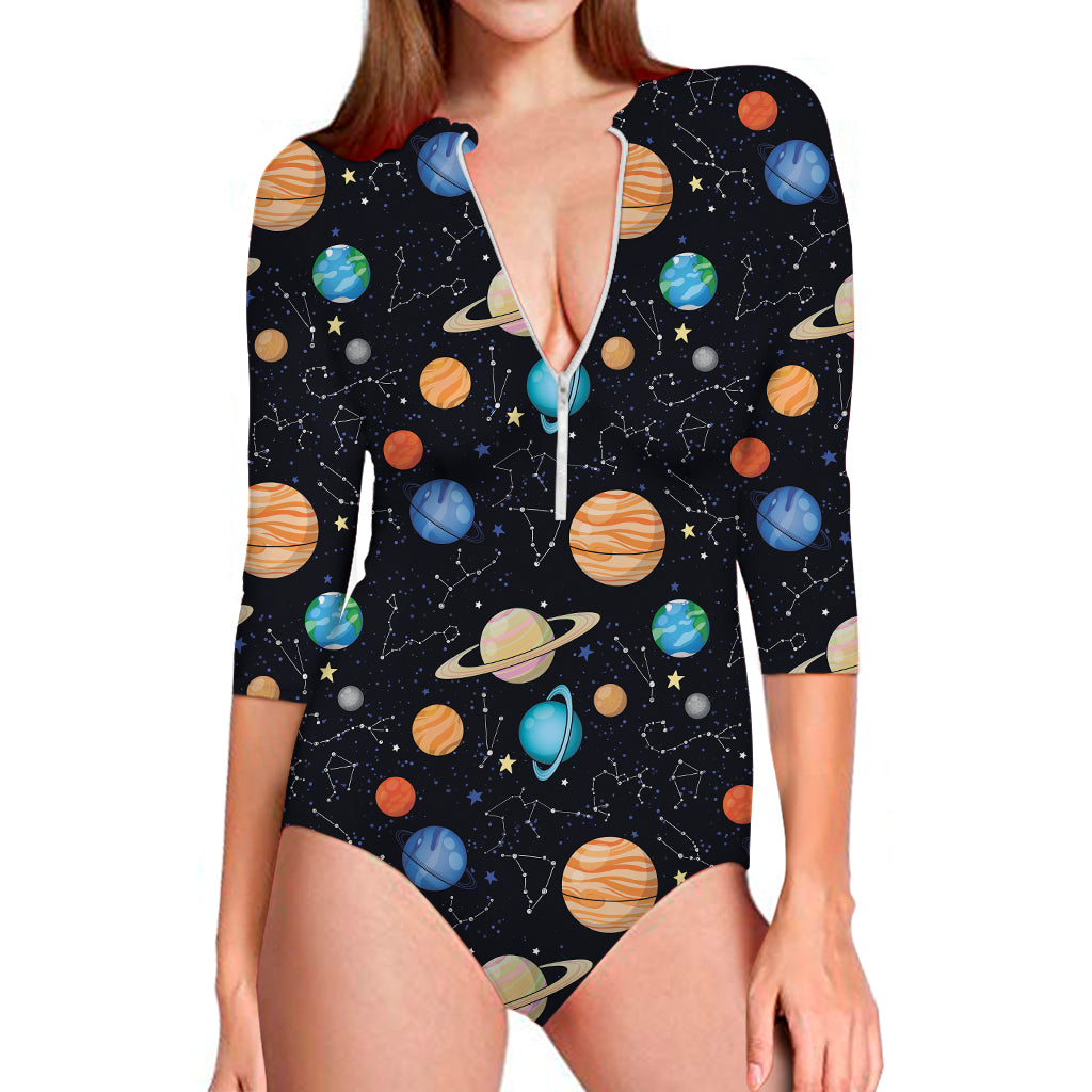 Constellations And Planets Pattern Print Long Sleeve One Piece Swimsuit